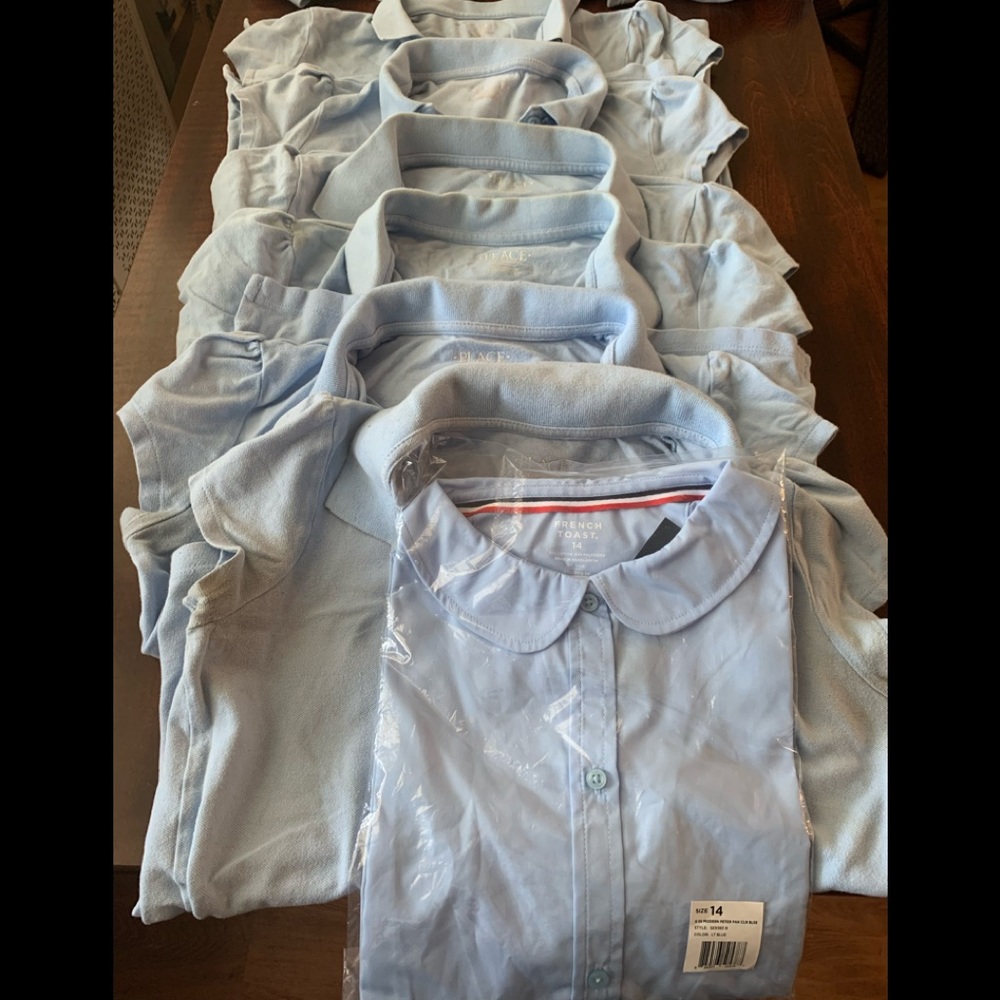 6 Blue Children’s Place, & 1 French toast uniform shirts, all in good condition.